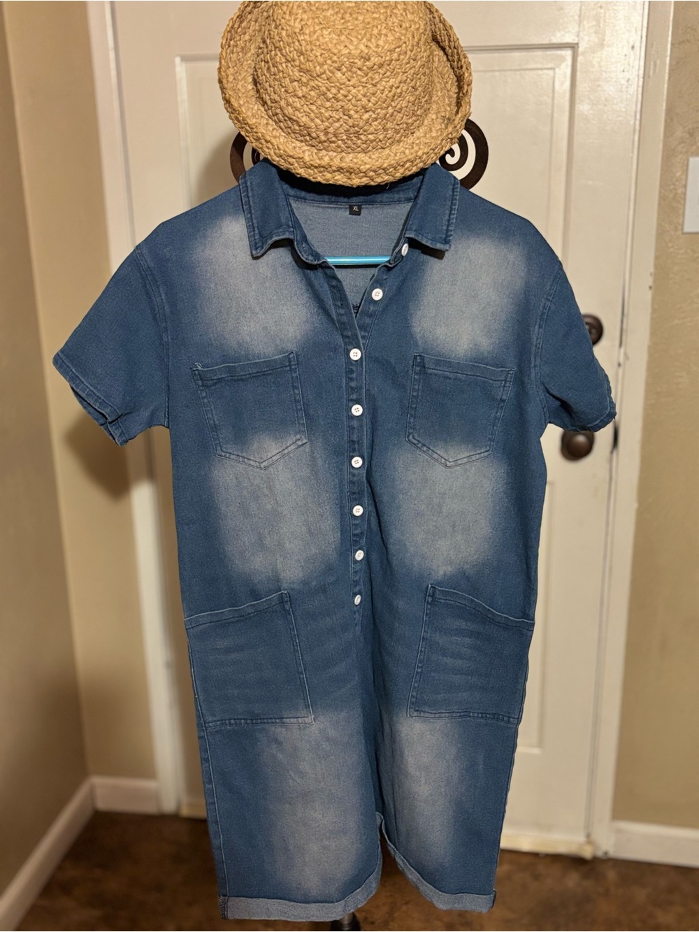 Denim Blue Short-Sleeve Shirt Romper- Women